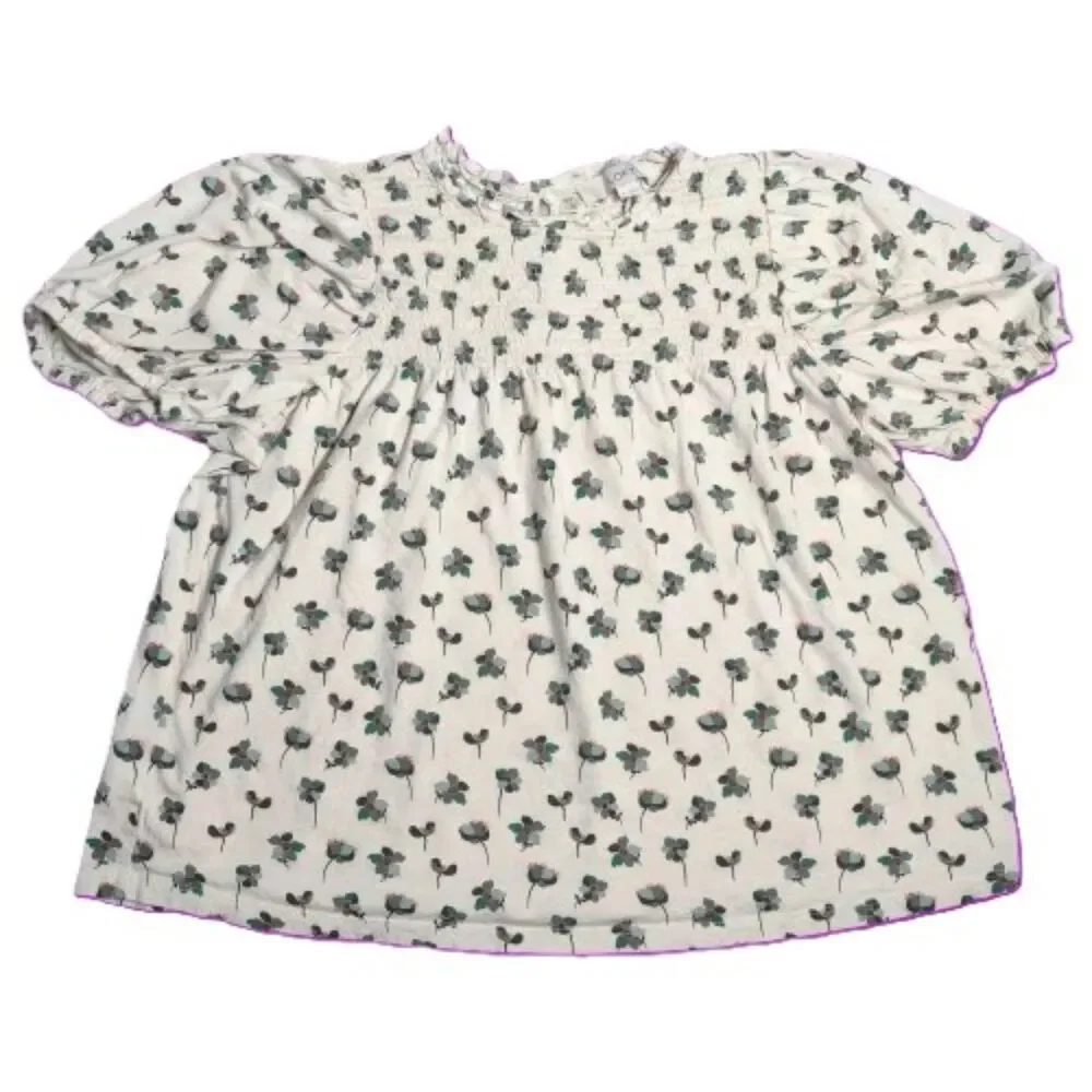 LOFT Floral Smocked Puff Sleeve Top White Green Pink Short Sleeve Blouse M